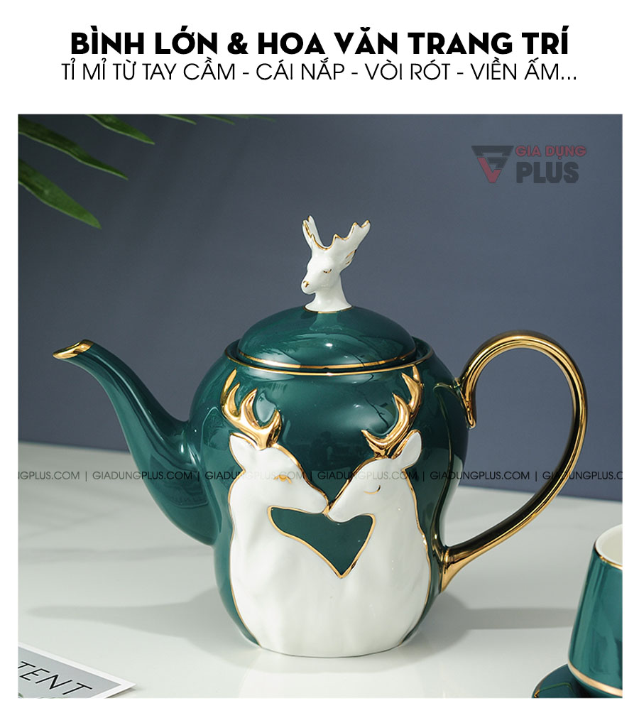 Bộ ấm trà sứ xanh ngọc lục bảo, hoạ tiết nổi cặp hươu quý tộc | Bình lớn, được chế tác tỉ mỉ từ tay cầm, nắp ấm đến tổng thể