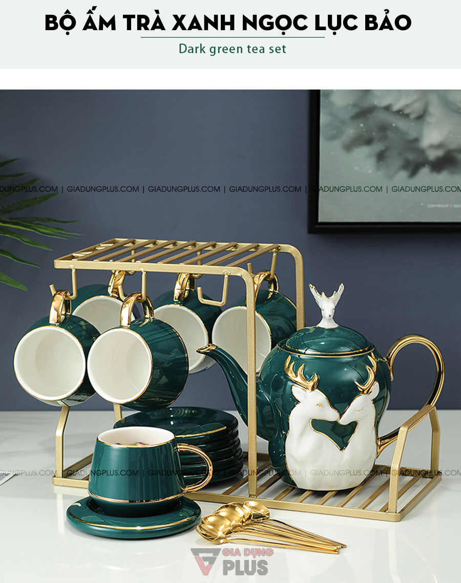 Bộ ấm trà sứ xanh ngọc lục bảo, hoạ tiết nổi cặp hươu quý tộc | Dark green tea set - bộ sản phẩm quà tặng đám cưới, tân gia, tết vô cùng hợp lý và sang trọng