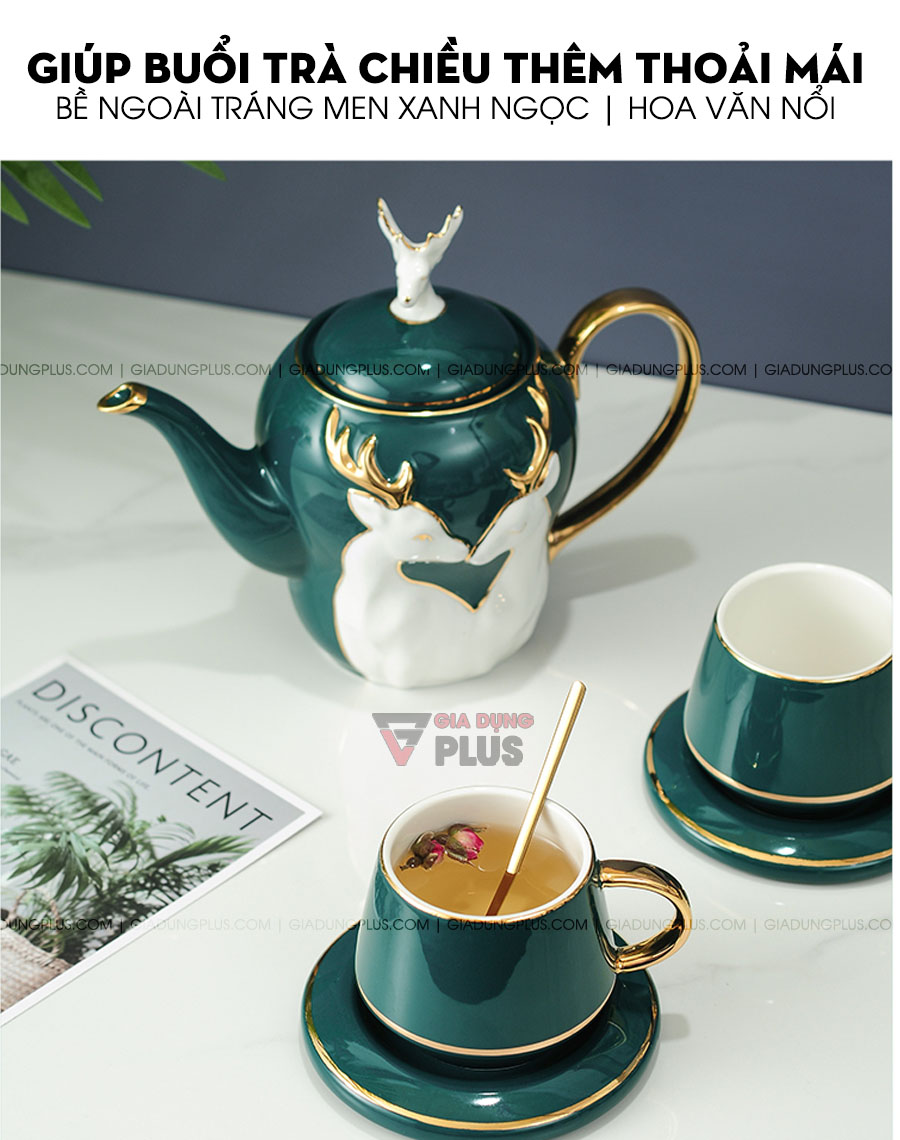 Bộ ấm trà sứ xanh ngọc lục bảo, hoạ tiết nổi cặp hươu quý tộc | Giúp buổi trà chiều thêm thú vị và sang chảnh nhờ thiết kế và màu sắc của bộ sản phẩm