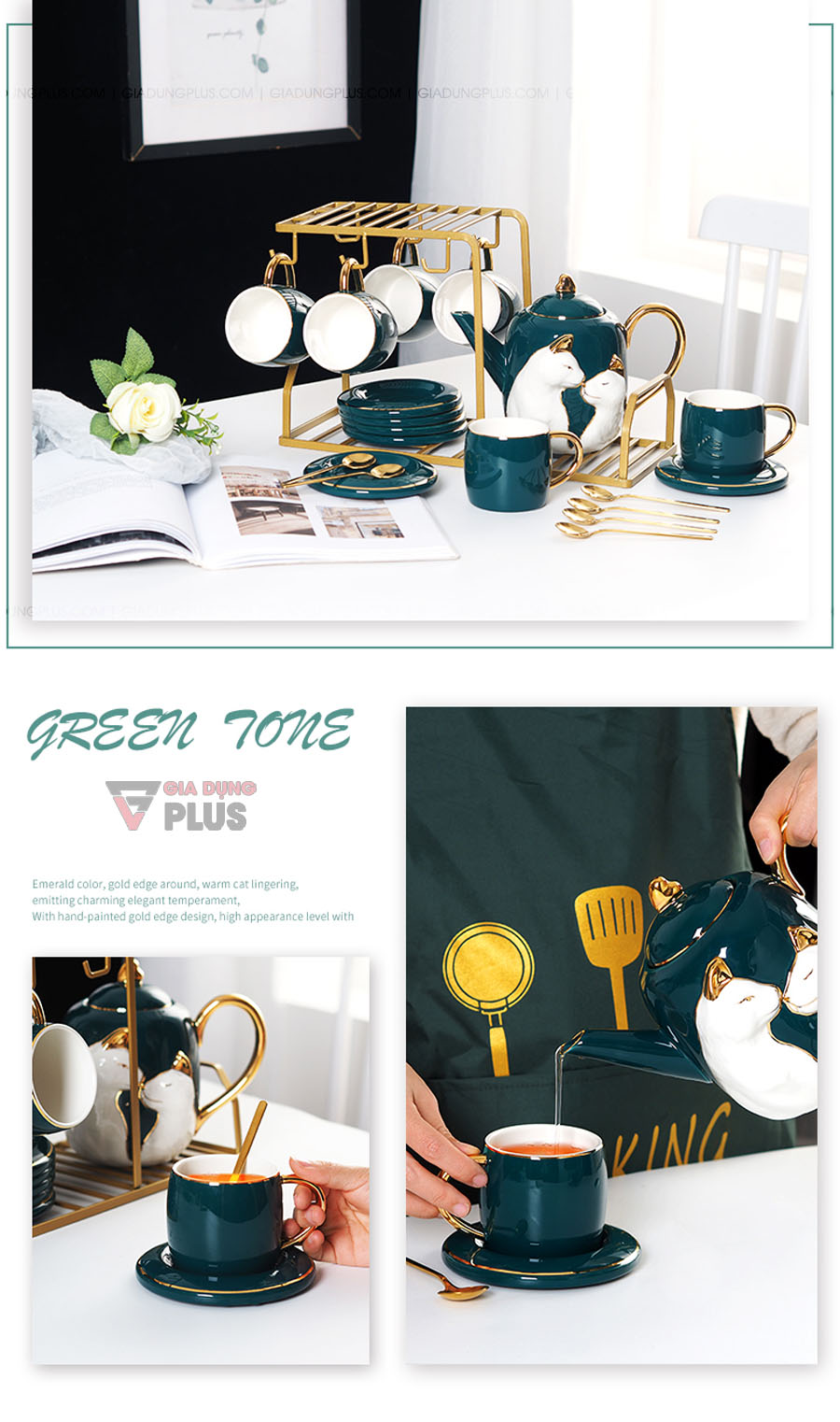 Bộ ấm trà sứ xanh ngọc lục bảo, hoạ tiết nổi cặp hươu quý tộc | Không thể ngăn cản được vẻ đẹp và sang trọng của bộ sản phẩm mang lại, giá trị mang lại về tinh thần thoải mái