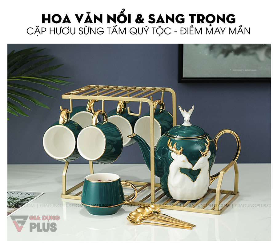 Bộ ấm trà sứ xanh ngọc lục bảo, hoạ tiết nổi cặp hươu quý tộc | Hoa văn nổi & sang trọng giúp cảm nhận tốt hơn và có điểm nhấn hơn