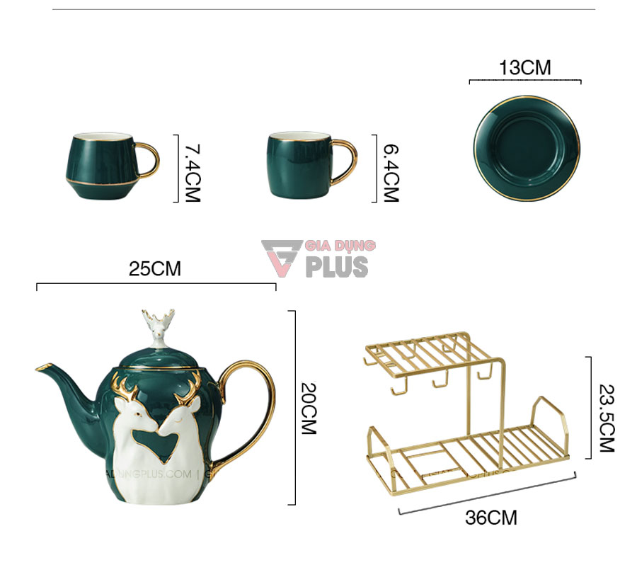 Bộ ấm trà sứ xanh ngọc lục bảo, hoạ tiết nổi cặp hươu quý tộc | Kích thước của ly, tách, muỗng, ấm trà & kệ 