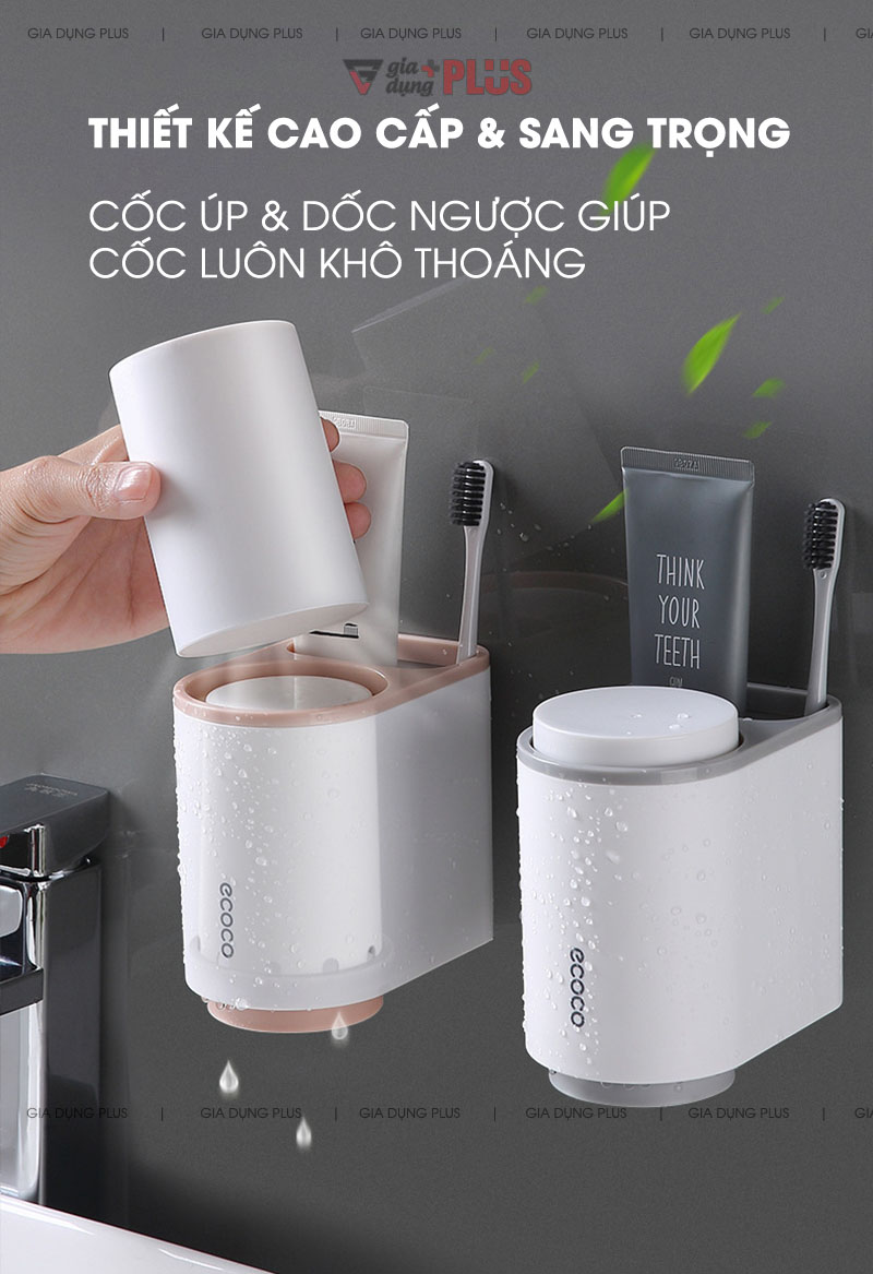 Thiết kế cao cấp & thông minh, giúp góc bồn rửa mặt gọn gàng và tiện lợi hơn  | Bộ 2 cốc súc miệng, đánh răng đa năng dán tường Ecoco
