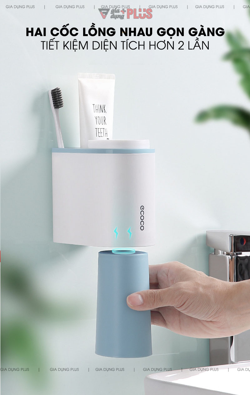 Cốc lồng nhau gọn gàng, cốc bên dưới được dính bằng nam châm vĩnh cữu thông minh  | Bộ 2 cốc súc miệng, đánh răng đa năng dán tường Ecoco