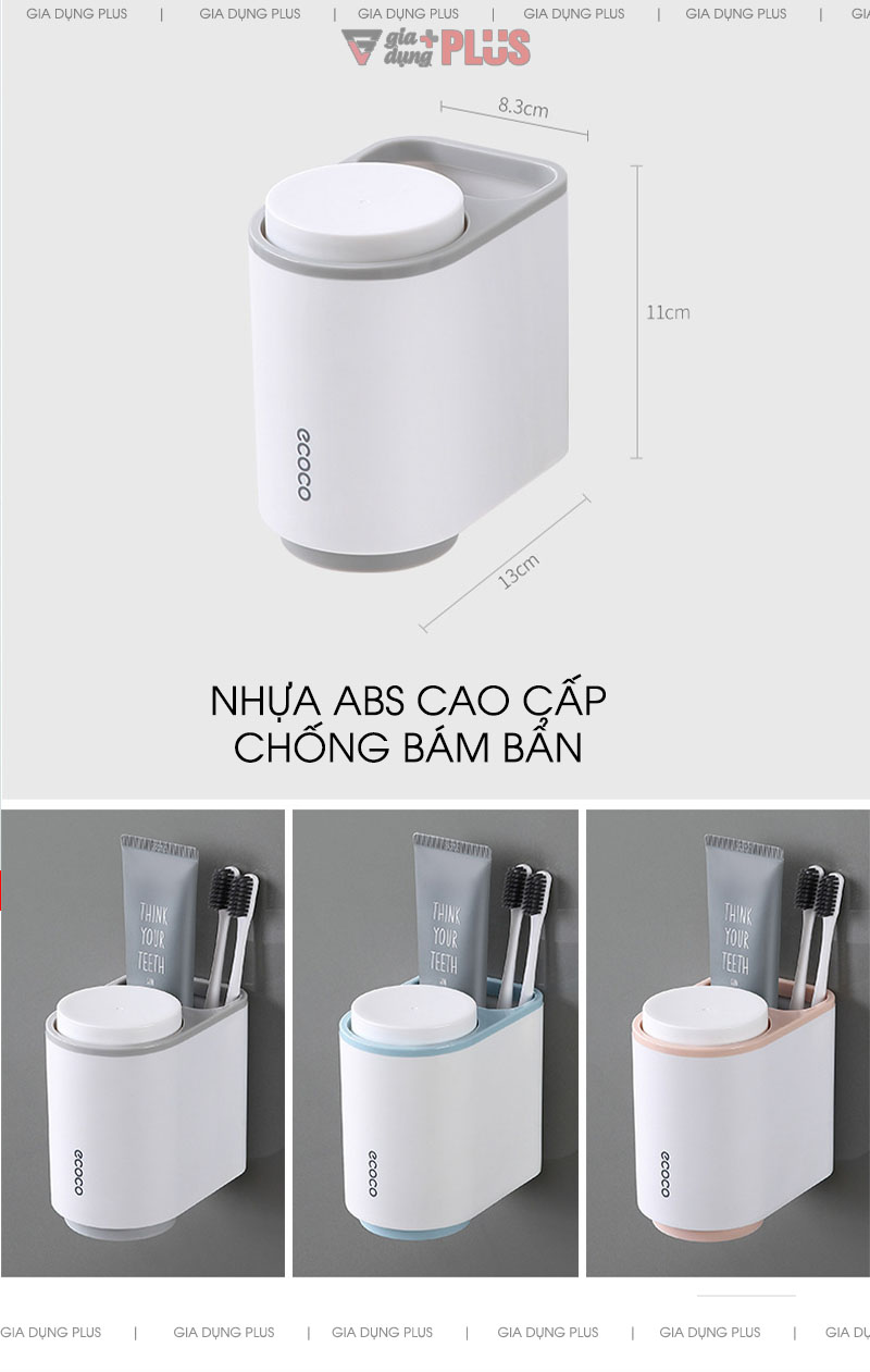 Với 3 phiên bản màu sắc là xám, xanh dương & hồng. Kích thước sản phẩm nhỏ và gọn gàng, giúp tiết kiệm không gian | Bộ 2 cốc súc miệng, đánh răng đa năng dán tường Ecoco