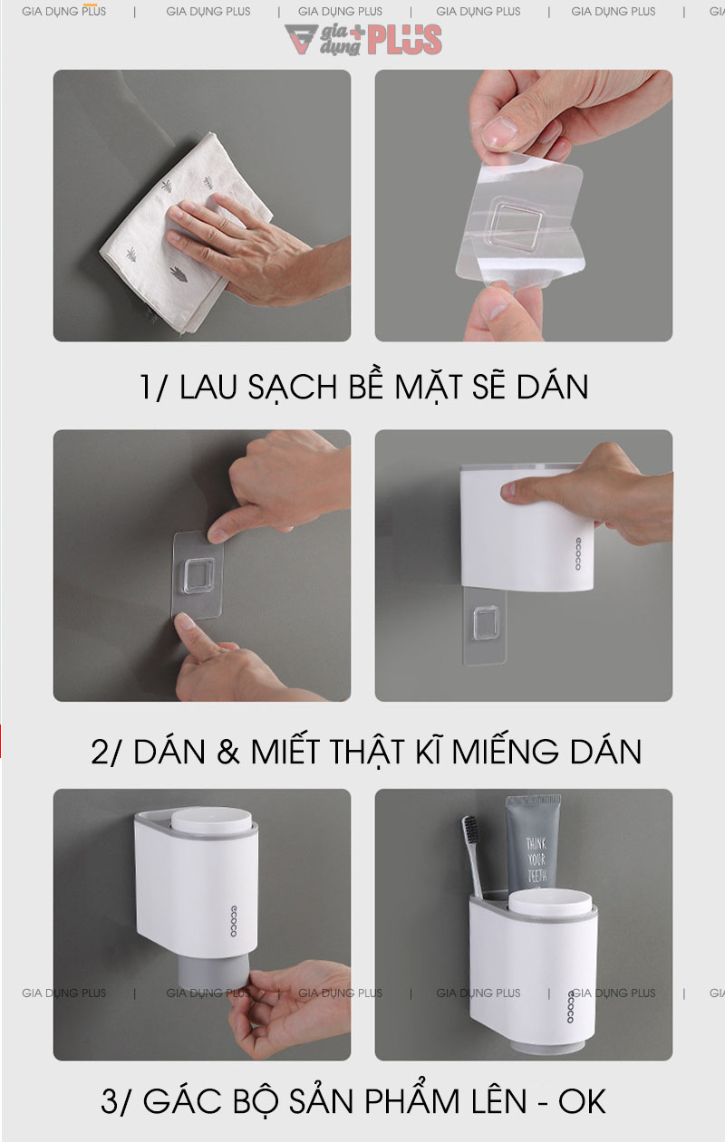 Hướng dẫn lắp đặt sản phẩm | Dán tường dễ dàng và nhanh chóng với miếng dán tường chuyên dụng | Bộ 2 cốc súc miệng, đánh răng đa năng dán tường Ecoco