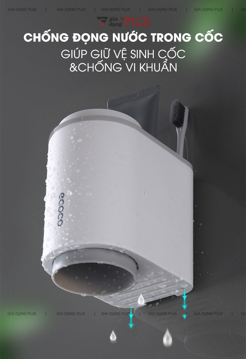 Cốc úp ngược và ngăn đựng có các lỗ giúp thoát nước nên bộ sản phẩm luôn trong tình trạng khô thoáng, vệ sinh, ngăn ngừa các bệnh do vi khuẩn ẩm mốc  | Bộ 2 cốc súc miệng, đánh răng đa năng dán tường Ecoco