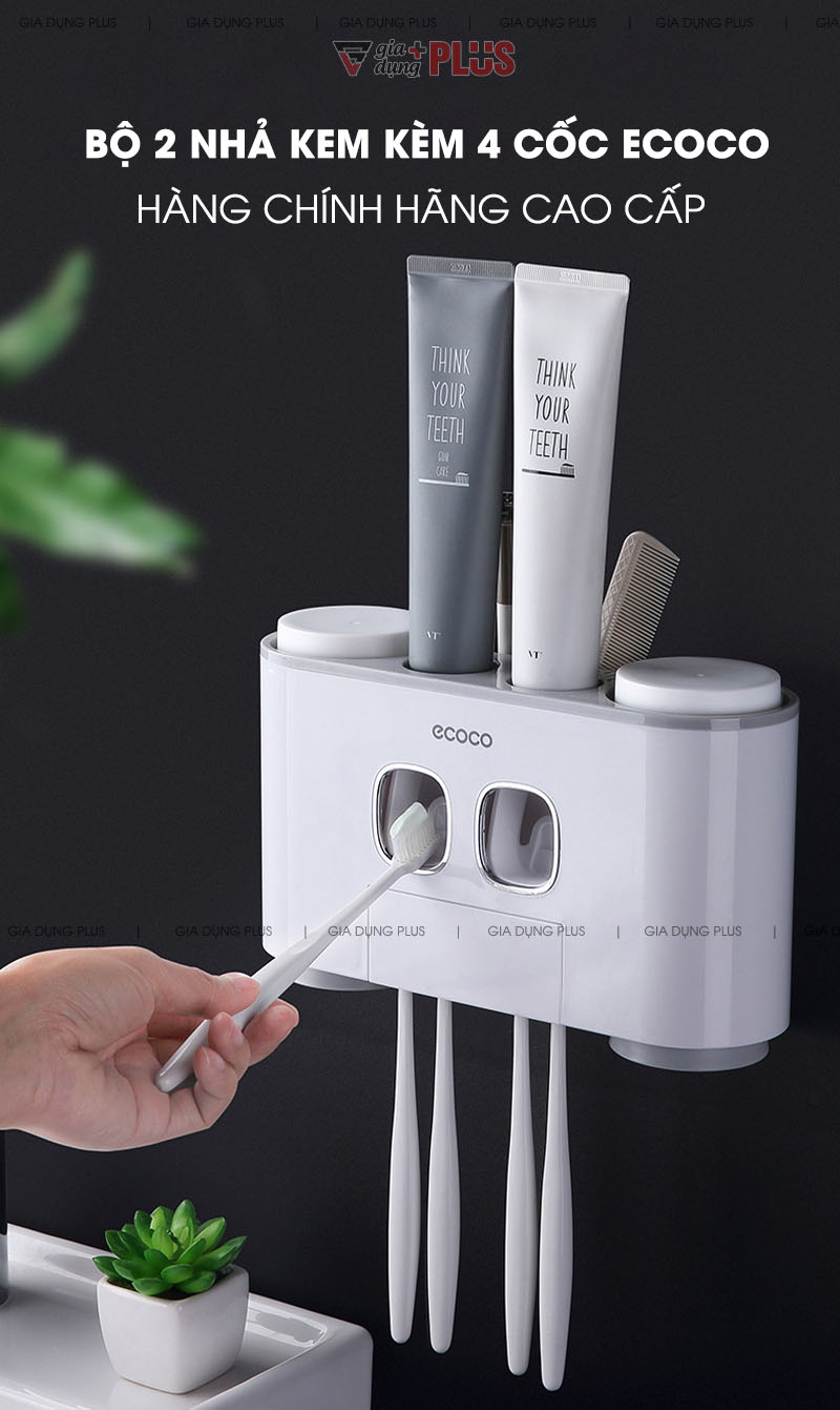 Bộ Hai Nhả Kem Đánh Răng Tự Động Kèm 4 Cốc Súc Miệng Đa Năng & Gọn Gàng Cao Cấp | Ecoco Chính Hãng