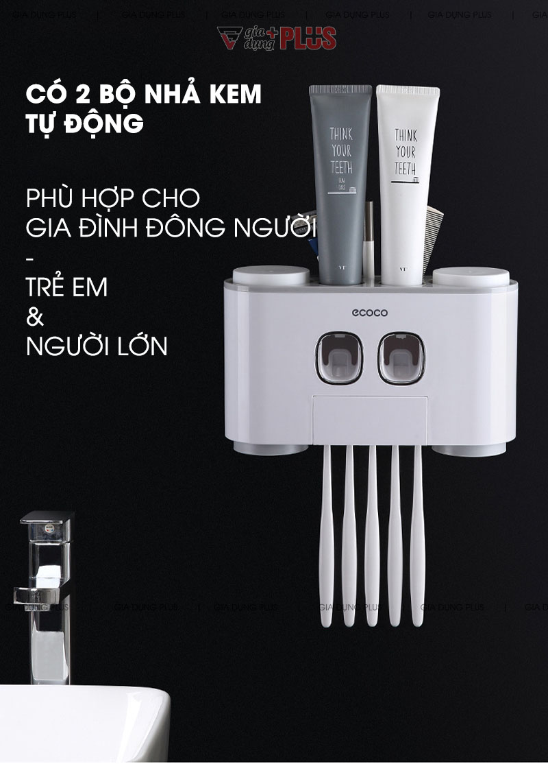 Có tới 2 bộ nhả kem đa năng, tự động giúp dùng được 2 tuýp kem đánh răng cho cả người lớn và trẻ em, rất thích hợp cho gia đình  | Bộ gồm 2 thiết bị nhả kem tự động kèm 4 cốc súc miệng đa năng Ecoco 