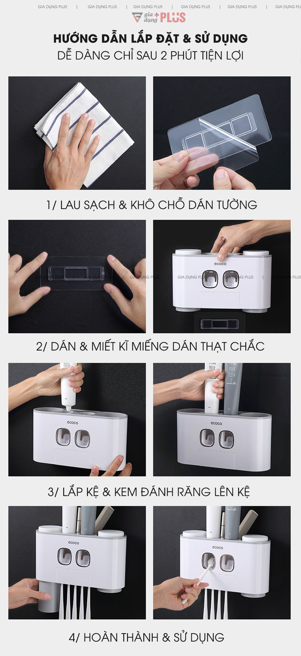 Hướng dẫn lắp đặt và sử dụng sản phẩm  | Bộ gồm 2 thiết bị nhả kem tự động kèm 4 cốc súc miệng đa năng Ecoco 