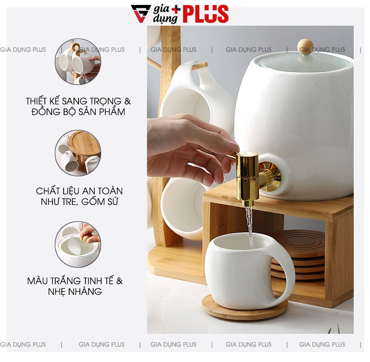 Sang trọng và tinh tế với chất liệu gốm sứ & gỗ tre tự nhiên giúp an toàn, vệ sinh | Bộ chum sứ đựng nước 3 lít kèm kệ gỗ tre tự nhiên và cốc sứ cao cấp