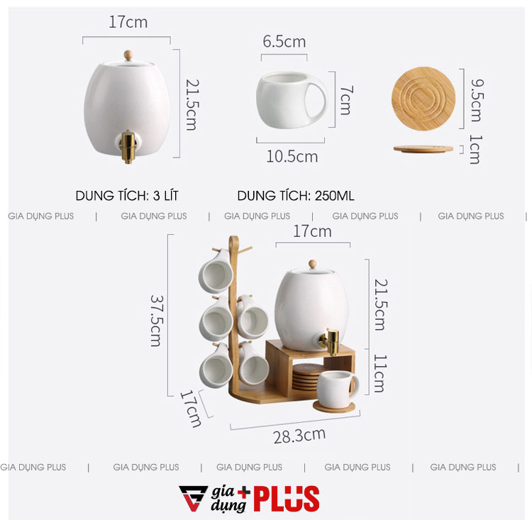 Kích thước của sản phẩm | Dung tích 3 lít đủ dùng cho gia đình & quán xá | Bộ chum sứ đựng nước 3 lít kèm kệ gỗ tre tự nhiên và cốc sứ cao cấp