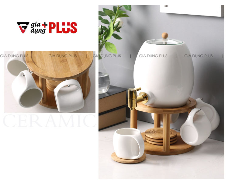 Đẹp và mang lại cảm giác mới, một làn gió mới cho sự trang trí ngôi nhà bạn | Bộ chum sứ đựng nước 3 lít kèm kệ gỗ tre tự nhiên và cốc sứ cao cấp