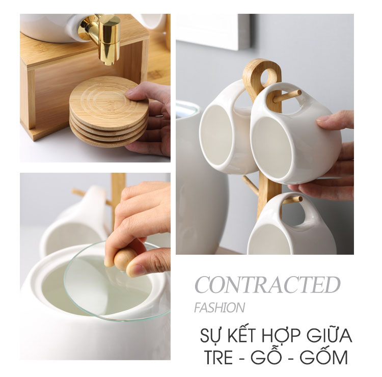 Sự kết hợp giữa gốm - gỗ tre - thuỷ tinh mang lại sự nhẹ nhàng, thanh thoát | Bộ chum sứ đựng nước 3 lít kèm kệ gỗ tre tự nhiên và cốc sứ cao cấp