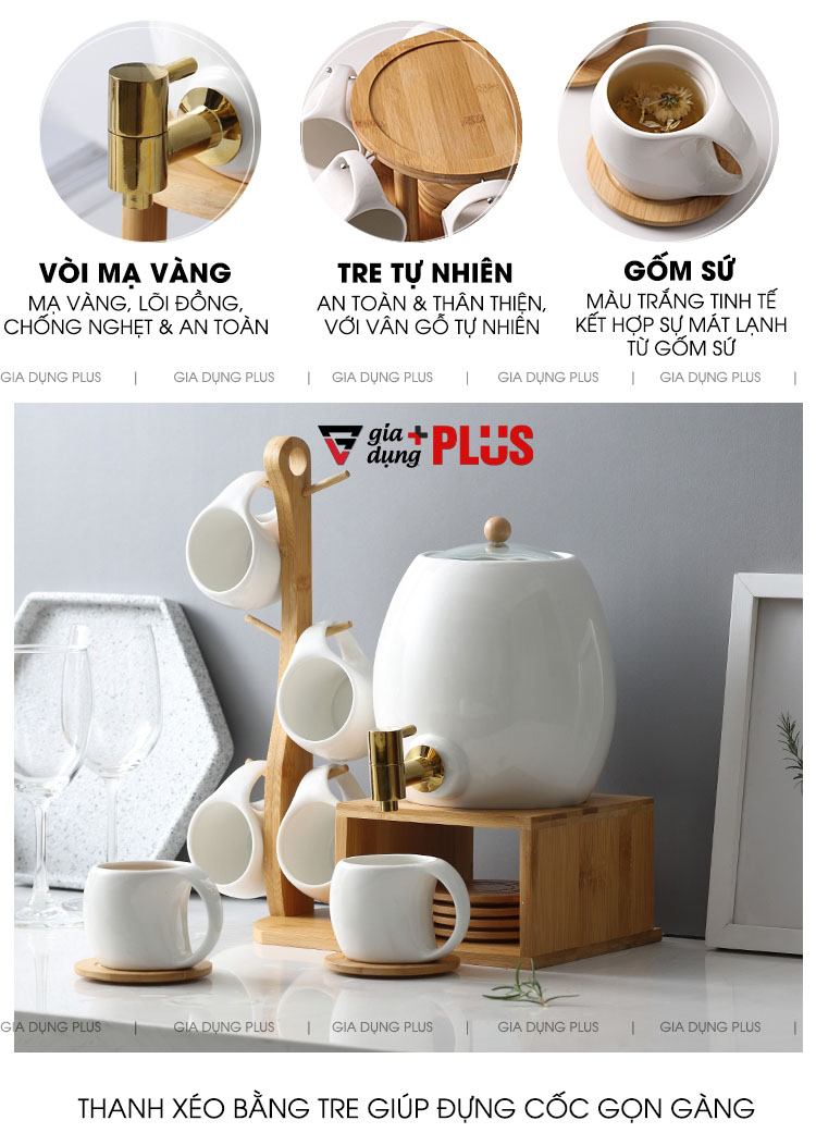 Thiết kế tiện lợi và thông minh, giúp tiết kiệm không gian với kệ gỗ tre tự nhiên | Bộ chum sứ đựng nước 3 lít kèm kệ gỗ tre tự nhiên và cốc sứ cao cấp