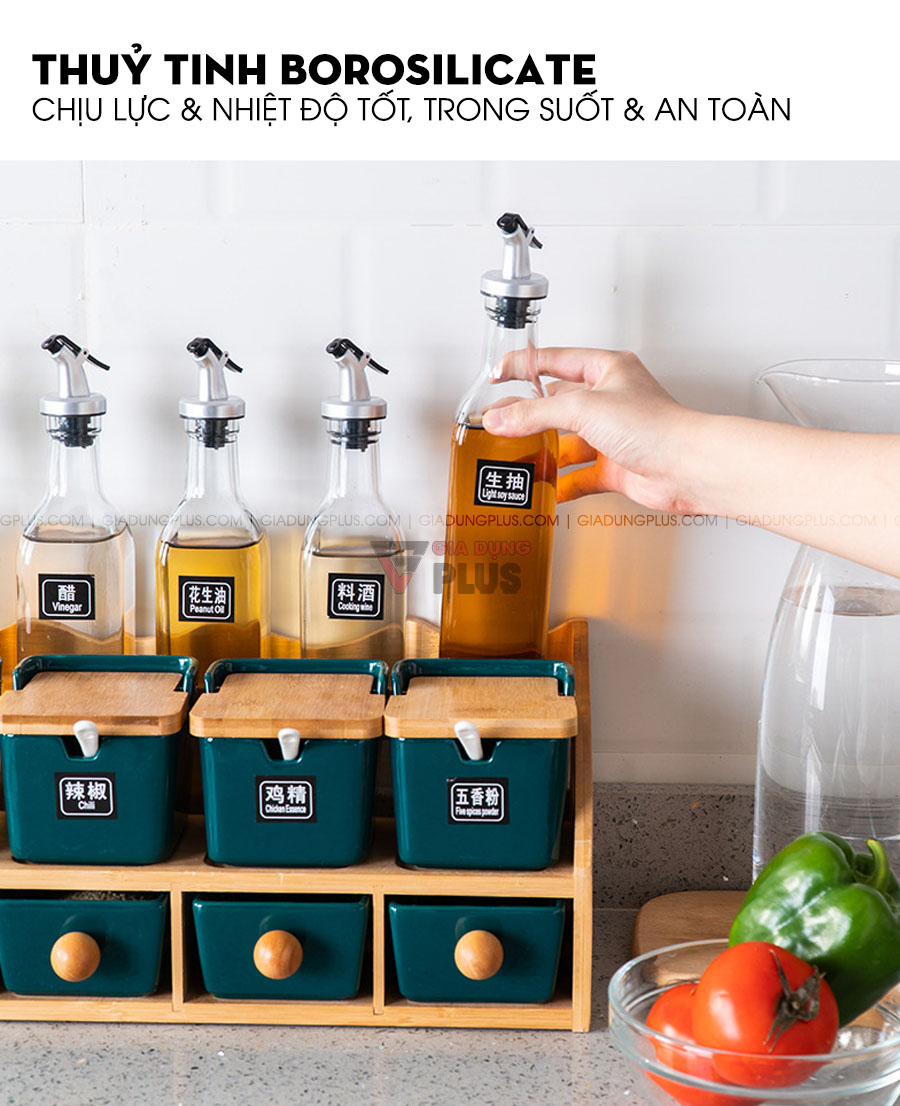 Bộ đựng gia vị & dầu ăn theo phong cách Bắc Âu xanh ngọc | Chai đựng dầu thuỷ tinh borosilicate có dung tích 550ml, đủ cho gia đình sử dụng