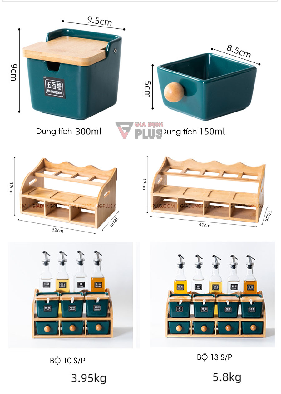 Bộ đựng gia vị & dầu ăn theo phong cách Bắc Âu xanh ngọc | Kích thước và cân nặng của bộ sản phẩm