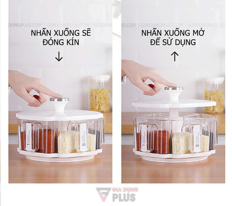 Bộ hộp đựng gia vị xoay 360 độ thông minh Jianxia | Thiết kế dùng một tay đóng mở, giúp đóng kín không làm ẩm gia vị trong khi không sử dụng
