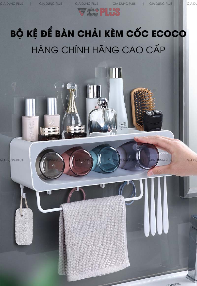Bộ Kệ Để Bàn Chải Đánh Răng - Kèm Cốc Súc Miệng Úp Trong Kệ Trong Suốt Đa Năng Cho Phòng Tắm, Bồn Rửa Mặt | Ecoco Chính Hãng