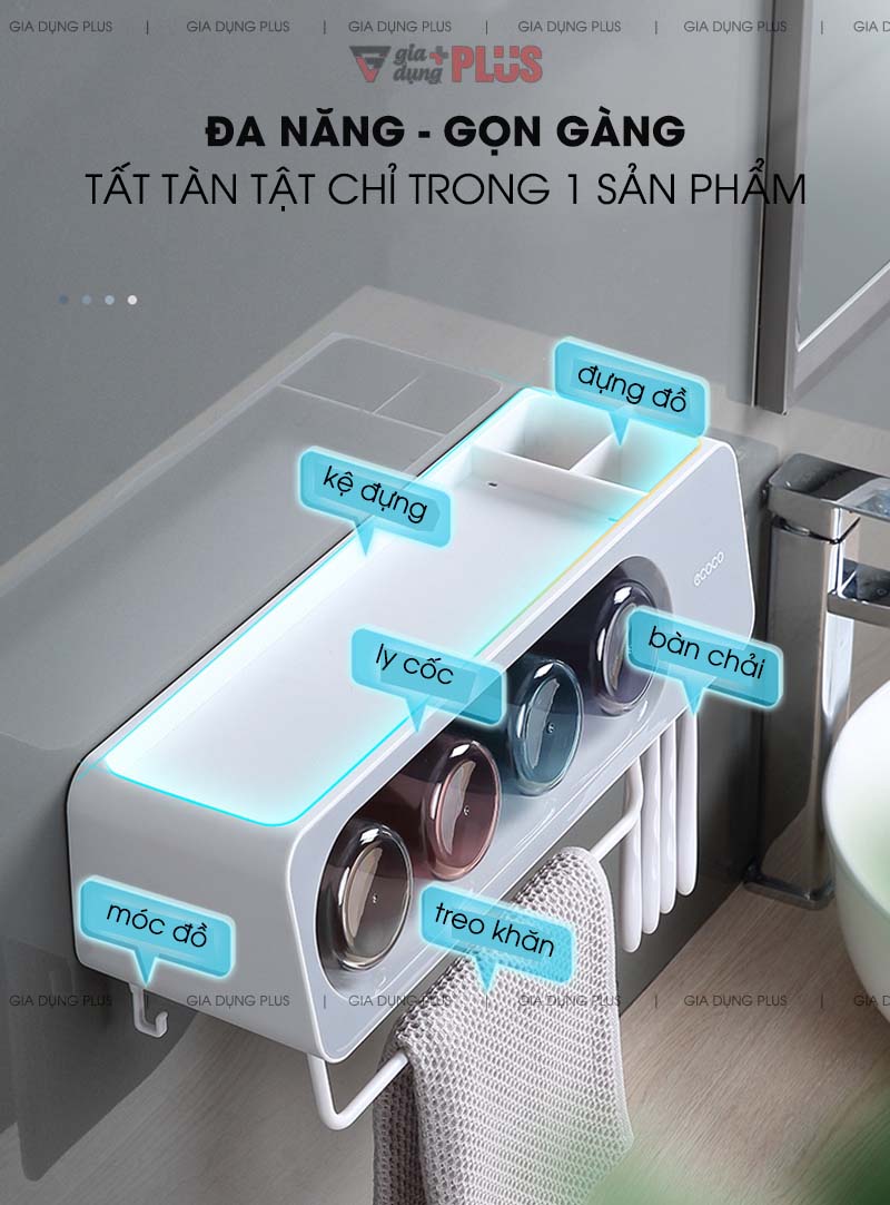 Kệ đa năng giúp giải quyết nhiều vấn đề nơi bồn rửa mặt gồm cả kệ đựng đồ, nơi đựng lược - kem đánh răng, nơi để bàn chải đánh răng, thanh treo khăn, cốc súc miệng... | Bộ kệ để bàn chải đánh răng, đựng đồ đa năng kèm cốc súc miệng Ecoco mẫu mới 