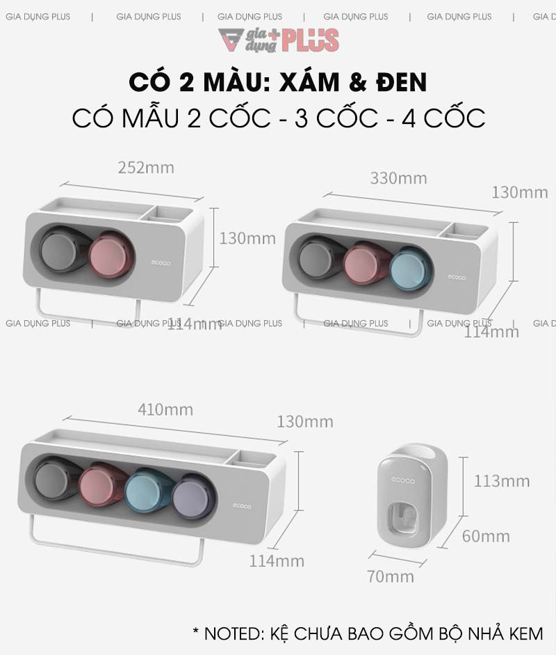 Kích thước sản phẩm | Gồm 2 màu xám và đen, với cốc nhiều màu phân biệt dễ dàng được làm từ nhựa ABS cao cấp| Bộ kệ để bàn chải đánh răng, đựng đồ đa năng kèm cốc súc miệng Ecoco mẫu mới 