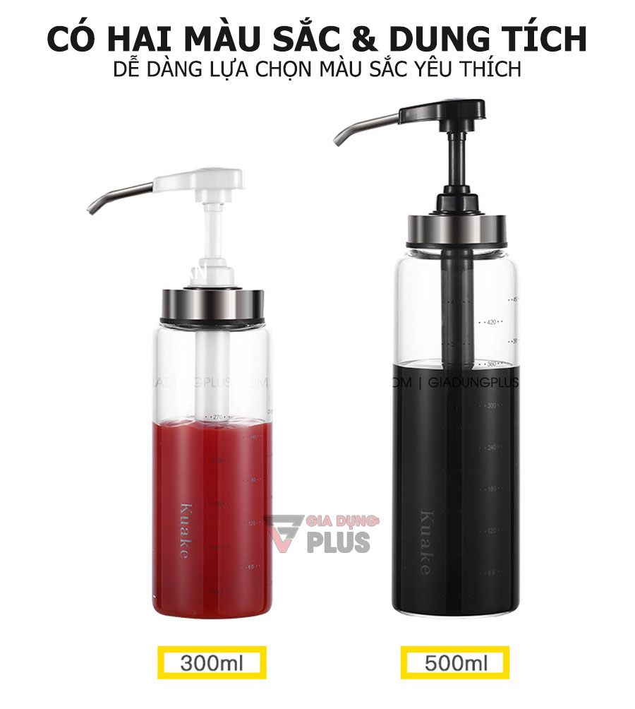 Chai thuỷ tinh đựng nước sốt, tương ớt có vòi nhấn thông minh Kuake | Kích thước, màu sắc và dung tích của sản phẩm