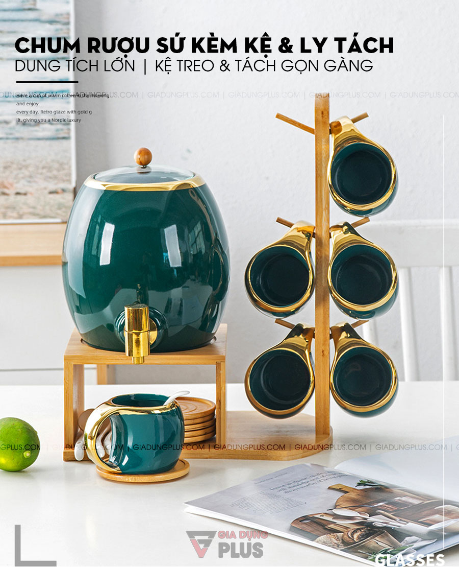 Bộ chum đựng nước & rượu sứ màu xanh ngọc lục bảo Bắc Âu | Dung tích lớn, kèm ly - tách - kệ để chum & treo ly - muỗng sứ 