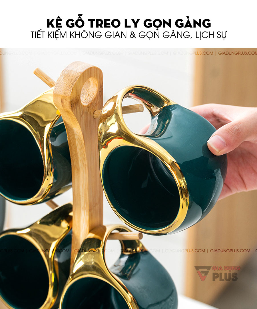 Bộ chum đựng nước & rượu sứ màu xanh ngọc lục bảo Bắc Âu | Kệ gỗ treo cốc thiết kế tiết kiệm không gian và giúp bộ sản phẩm gọn gàng hơn