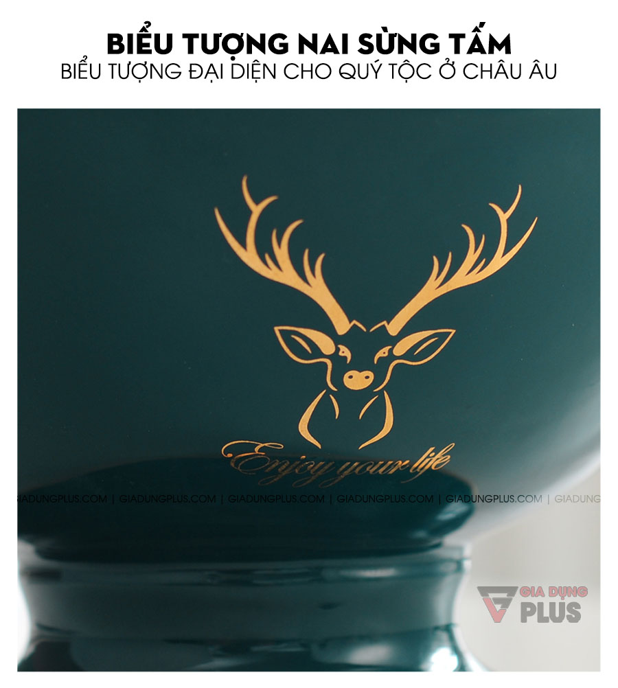 Cốc sứ đặt bàn để đựng đồ đa năng, màu xanh ngọc lục bảo | Trang trí bằng biểu tương nai sừng tấm - biểu tượng đại diện cho quý tộc châu Âu