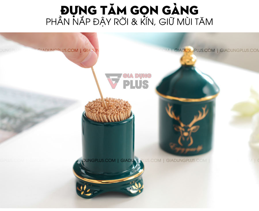 Ống đựng tăm sứ xanh ngọc lục bảo bản cao cấp | Đựng tăm gọn gàng, ngoài ra có thể đựng các loại đồ dùng khác như tăm bông ngoáy tai cũng rất tiện