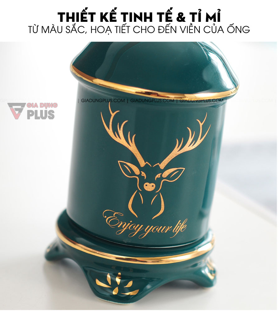 Ống đựng tăm sứ xanh ngọc lục bảo bản cao cấp | Thiết kế tinh tế với biểu tượng nai sừng tấm - biểu tượng đại diện quý tộc ở châu Âu