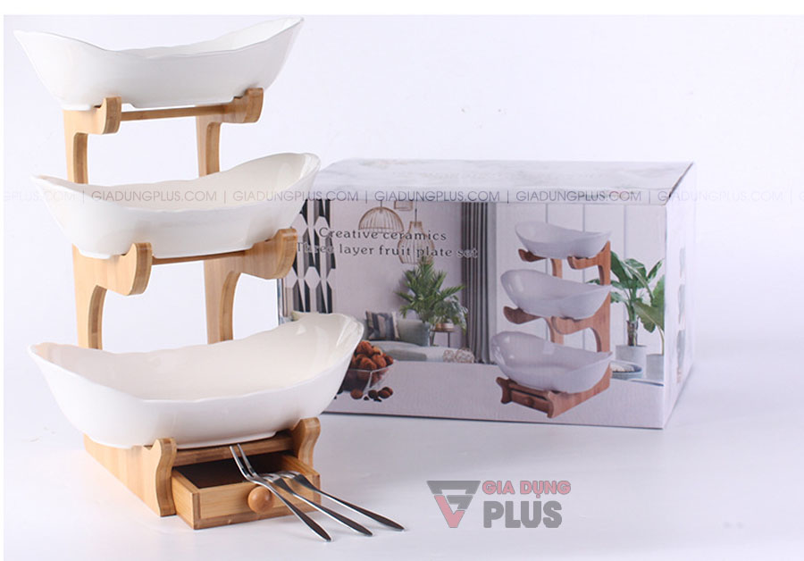 Đĩa trái cây gốm sứ nhiều tầng kèm kệ gỗ cao cấp | Màu trắng & hộp sản phẩm