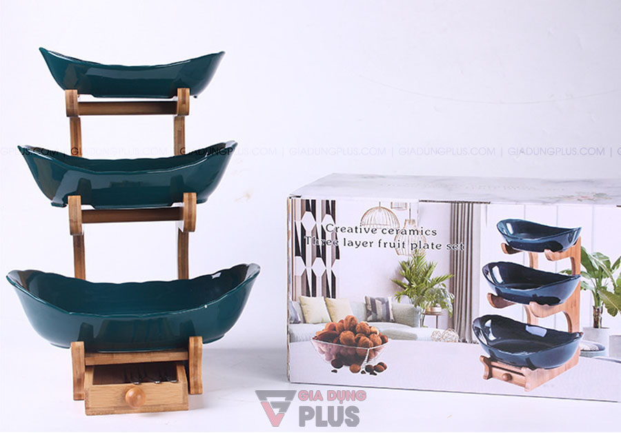 Đĩa trái cây gốm sứ nhiều tầng kèm kệ gỗ cao cấp | Màu xanh ngọc lục bảo