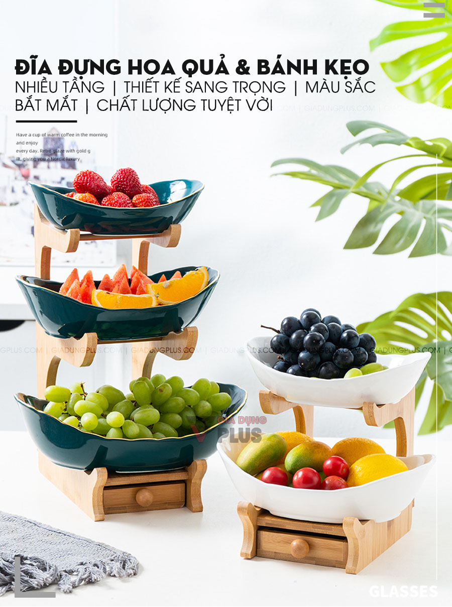 Đĩa trái cây gốm sứ nhiều tầng kèm kệ gỗ cao cấp | Thiết kế sang trọng và thiết thực, không những giúp bàn ăn gọn gàng hơn mà còn cảm nhận món ăn ngon hơn