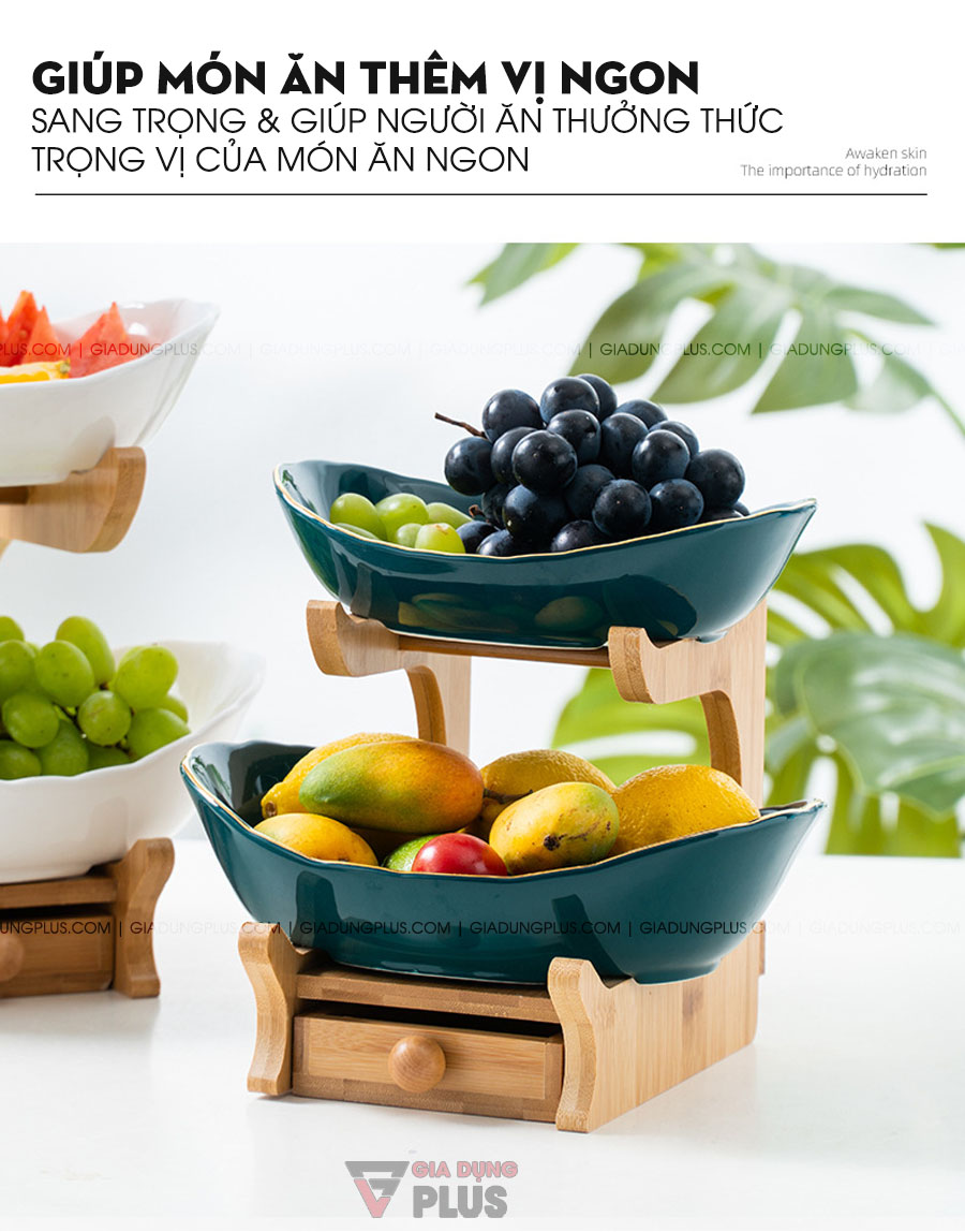 Đĩa trái cây gốm sứ nhiều tầng kèm kệ gỗ cao cấp | Giúp cảm nhận vị ngon của món ăn gần hơn & tươi mát hơn, hỗ trợ sống ảo trong bữa ăn