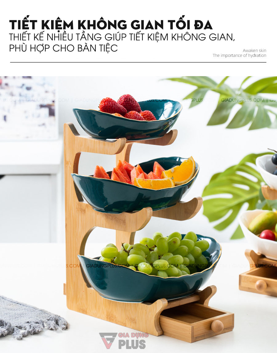 Đĩa trái cây gốm sứ nhiều tầng kèm kệ gỗ cao cấp | Tiết kiệm không gian với thiết kế nhiều tầng, giúp nhà bếp & bàn ăn gọn gàng hơn