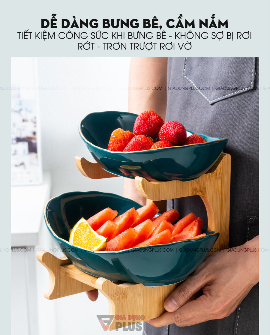 Đĩa trái cây gốm sứ nhiều tầng kèm kệ gỗ cao cấp | Thiết kế thông minh và tối ưu giúp dễ dàng bưng bê cầm nắm, không sợ rơi vỡ do trơn trượt