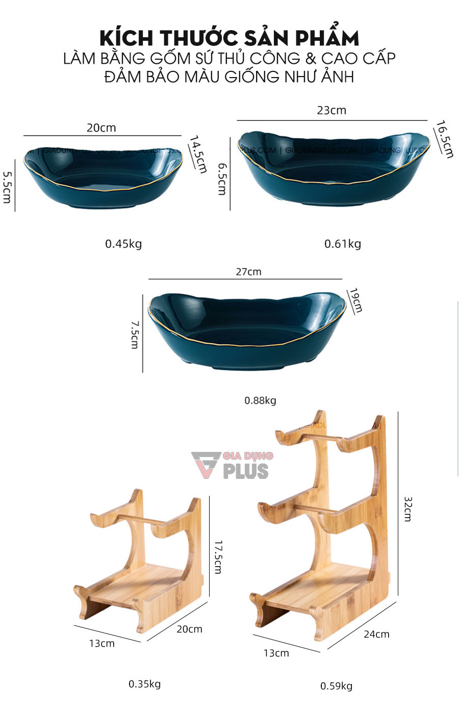 Đĩa trái cây gốm sứ nhiều tầng kèm kệ gỗ cao cấp | Kích thước sản phẩm & kệ gỗ