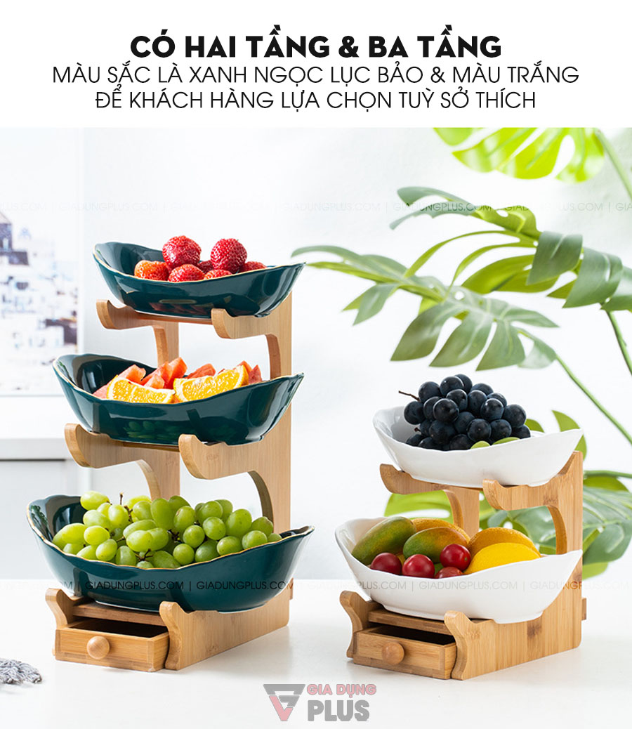 Đĩa trái cây gốm sứ nhiều tầng kèm kệ gỗ cao cấp | Có hai tầng và ba tầng tuỳ theo nhu cầu, màu sắc chủ đạo là xanh ngọc lục bảo (viền vàng) và màu trắng