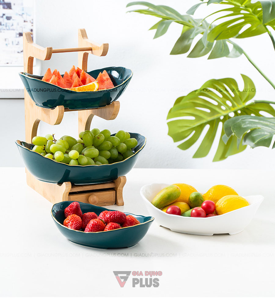 Đĩa trái cây gốm sứ nhiều tầng kèm kệ gỗ cao cấp | Là sản phẩm đẹp và sang trọng không những phù hợp cho gia đình mà còn nhà hàng, quán ăn sang trọng