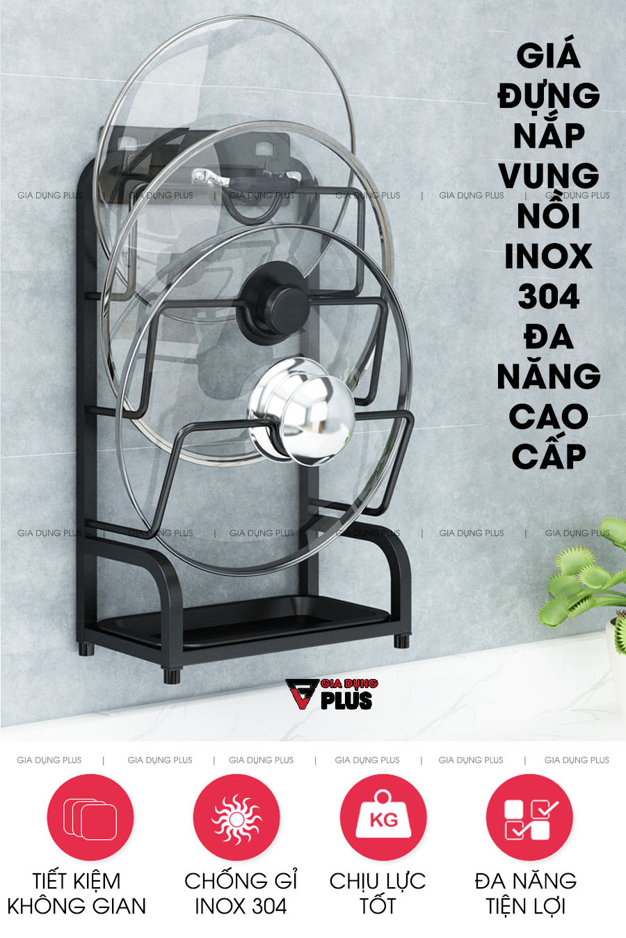 Giá Úp Vung Nồi / Thớt Đa Năng Dán Tường Bằng INOX 304 Cao Cấp Có Khay Hứng Nước | Nanjie