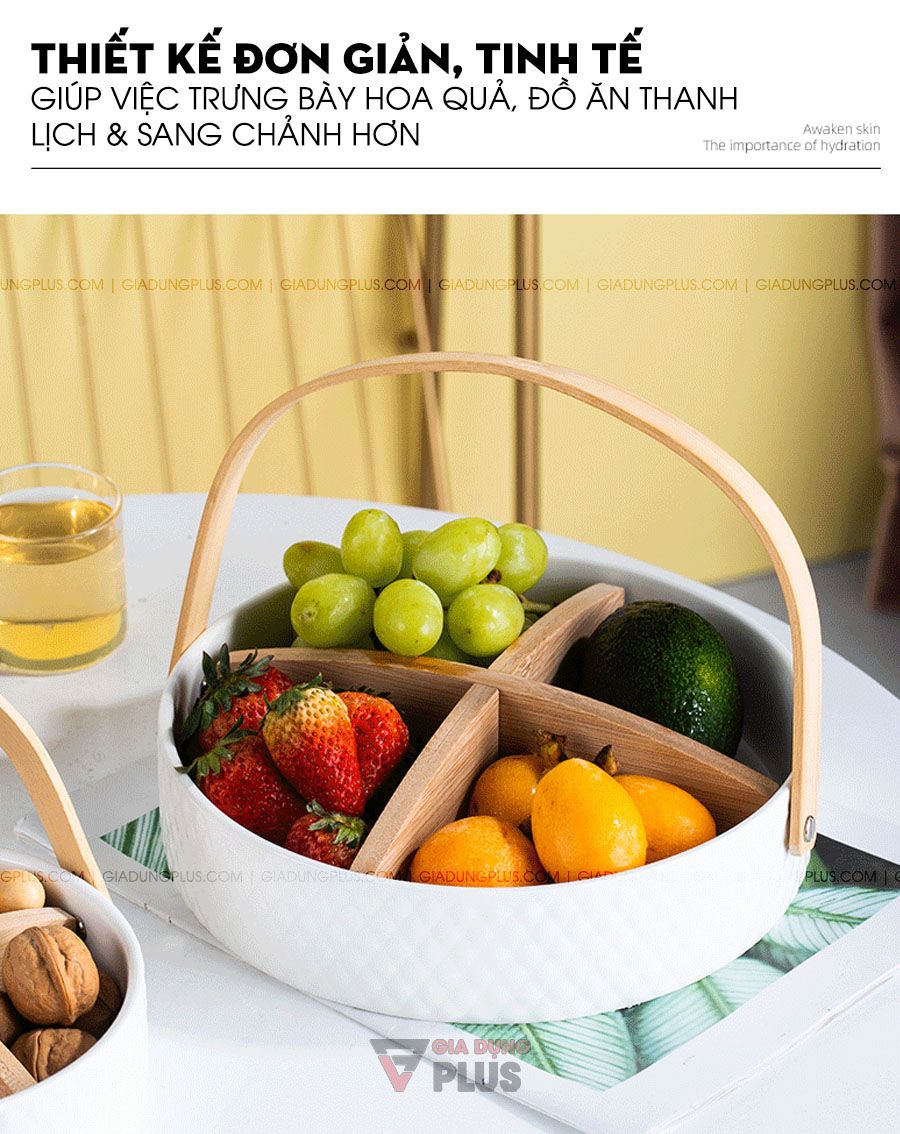 Giỏ sứ đựng trái cây, bánh kẹo đa năng kèm chia ngăn & tay cầm gỗ | Thiết kế với kích thước lớn, giúp thưởng thức món ăn thêm trọn vẹn, trang trí bàn ăn