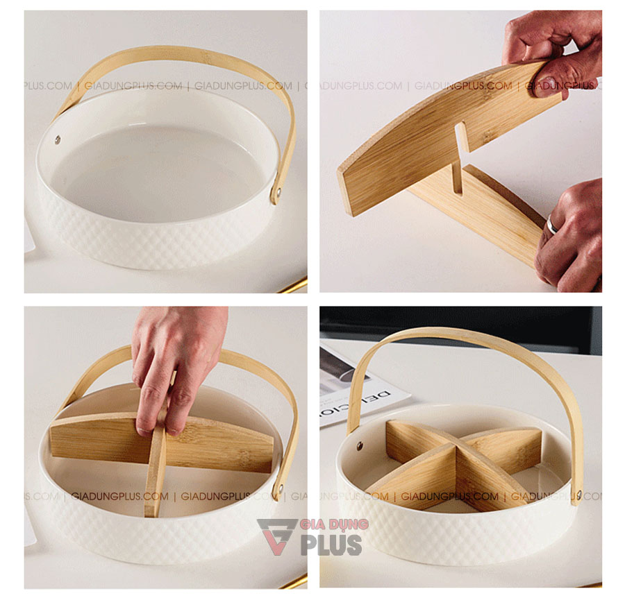 Giỏ sứ đựng trái cây, bánh kẹo đa năng kèm chia ngăn & tay cầm gỗ | Cách lắp đặt chia ngăn gỗ của giỏ