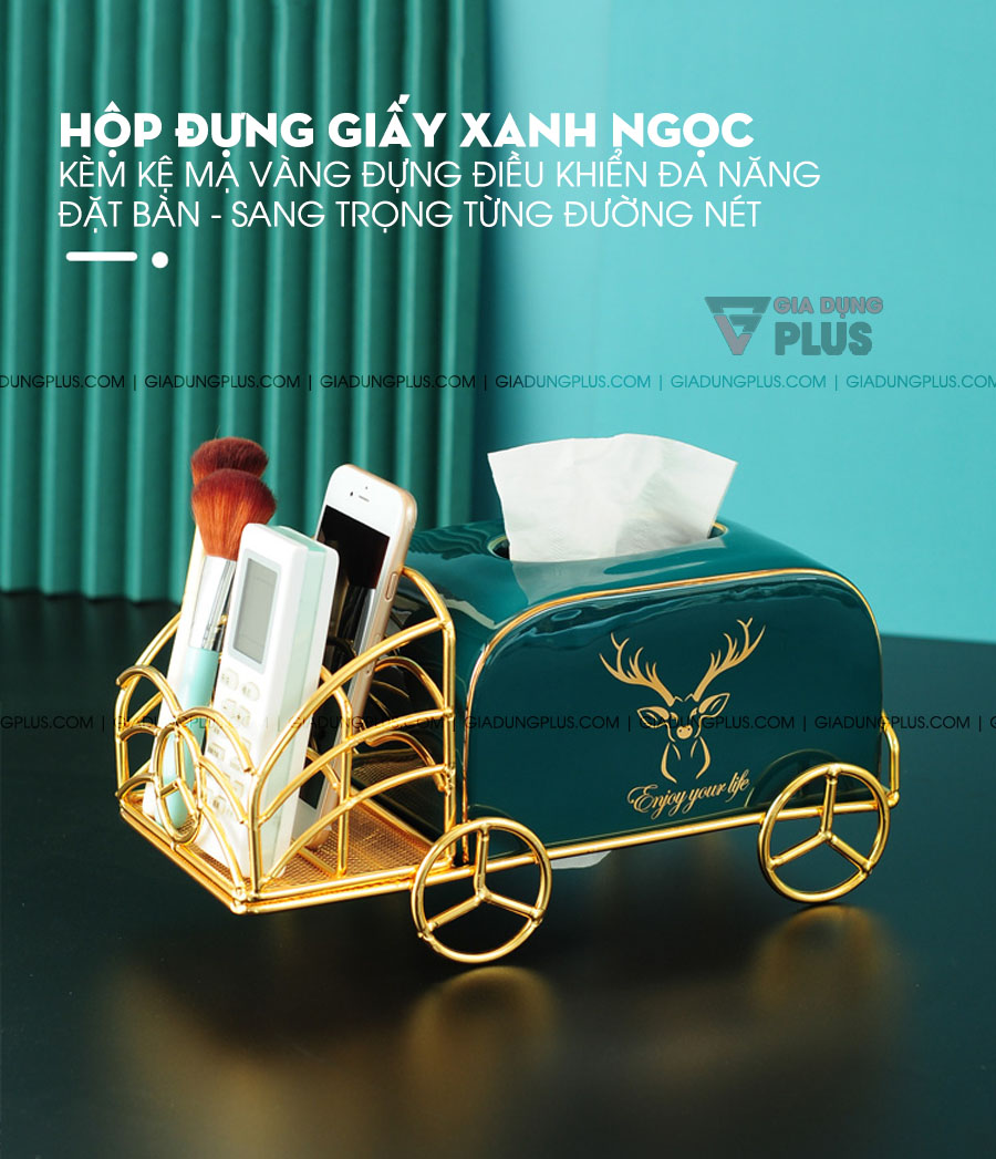 Hộp đựng giấy sứ xanh ngọc lục bảo, kèm kệ mạ vàng | Kèm kệ đựng remote, điều khiển từ xa đa năng đặt bàn phòng khách tiện lợi  & đa năng 