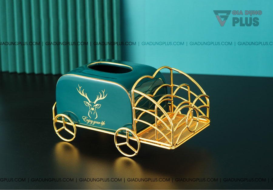 Hộp đựng giấy sứ xanh ngọc lục bảo, kèm kệ mạ vàng | Phù hợp với nhiều kích thước giấy khác nhau