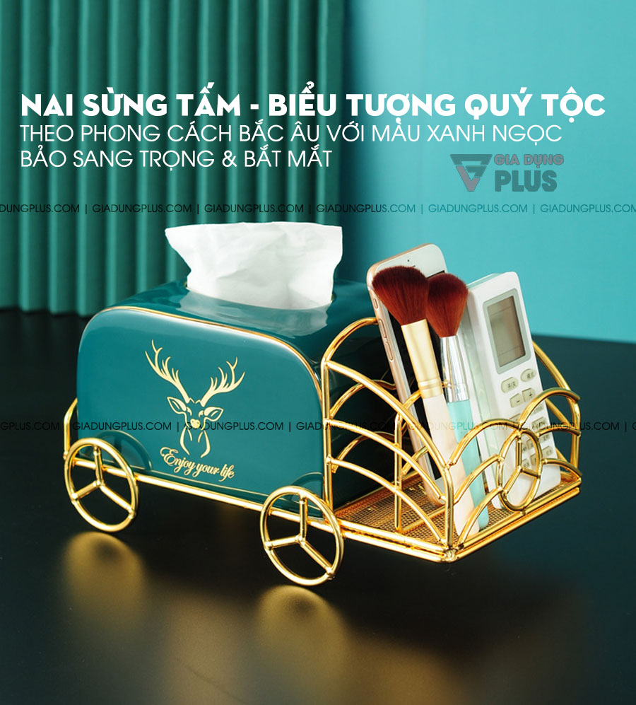 Hộp đựng giấy sứ xanh ngọc lục bảo, kèm kệ mạ vàng | Theo phong cách Bắc Âu với biểu tượng trang trí nai sừng tấm - biểu tượng của quý tộc châu Âu