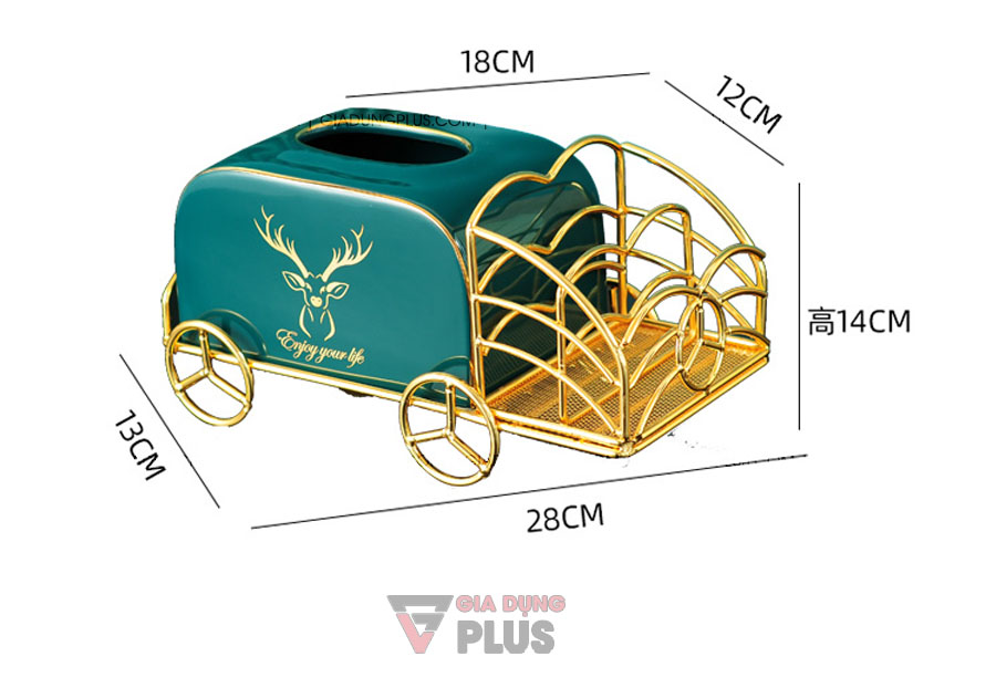 Hộp đựng giấy sứ xanh ngọc lục bảo, kèm kệ mạ vàng | Kích thước sản phẩm