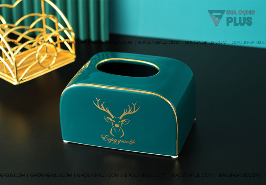 Hộp đựng giấy sứ xanh ngọc lục bảo, kèm kệ mạ vàng | Tận hưởng cuộc sống và thư giãn khi ở nhà hơn với các đồ sứ trang trí cao cấp trên Gia Dụng Plus