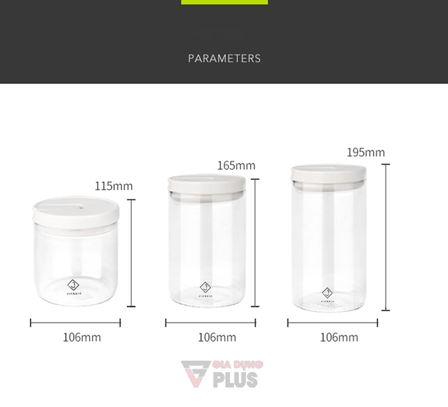 Hộp thuỷ tinh borosilicate đựng thực phẩm đa năng có nắp kín Jianxia | Kích thước và dung tích của 3 kích thước