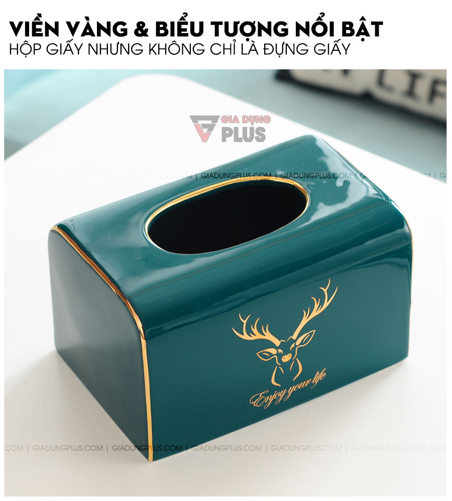 Hộp đựng giấy đặt bàn sứ xanh ngọc phong cách Bắc Âu | Viền vàng nổi bật lên giữa tông xanh, giúp tạo nét và thu hút hơn